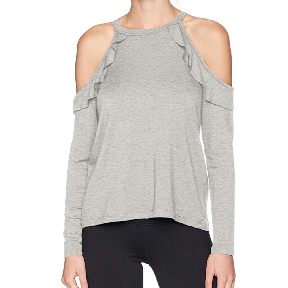 beyond yoga // gray cold shoulder frill pullover